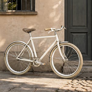 Puede incluir: Una bicicleta blanca con neumáticos color beige y un asiento marrón está estacionada frente a un edificio. La bicicleta tiene un diseño clásico con guardabarros, una cadena y un manillar. El fondo incluye una puerta, una ventana y un camino de piedra.