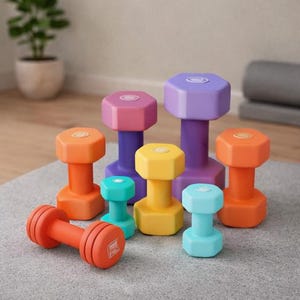 May include: A selection of multi-coloured dumbbells in different sizes, including orange, purple, pink, yellow, and teal. The weights are arranged on a grey surface, suggesting a fitness or workout theme.