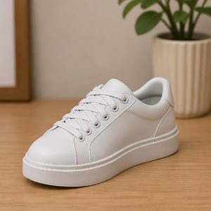 Peut inclure: Une basket en cuir blanc avec un profil bas et une semelle épaisse. La chaussure est dotée de lacets blancs et d'œillets métalliques. La basket est un design classique, adapté au port décontracté.