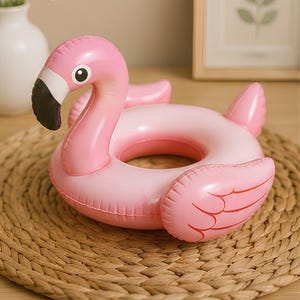 May include: A pink inflatable flamingo pool float with a black beak, white stripe, and large eye. The float has wings and is designed for use in a pool or at the beach. The flamingo is sitting on a woven mat.