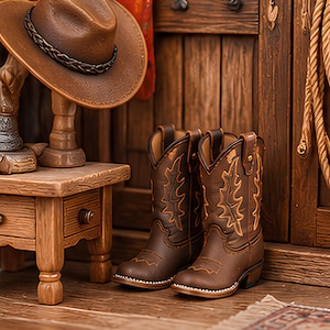 Könnte beinhalten: Ein Paar braune Leder-Cowboystiefel mit dekorativen orangefarbenen Nähten und ein passender brauner Cowboyhut mit geflochtenem Band, ausgestellt neben einem kleinen Holztisch mit Schublade und einem aufgerollten Seil an einem Holzschrank.