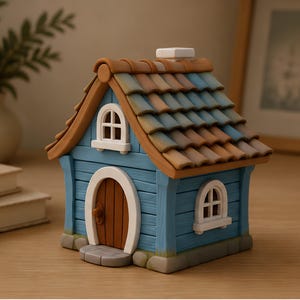 May include: A miniature blue house with a brown roof and door. The roof has brown, blue, and orange tiles. The house has white-framed windows and a chimney. The door is arched and brown. The house sits on a wooden surface.