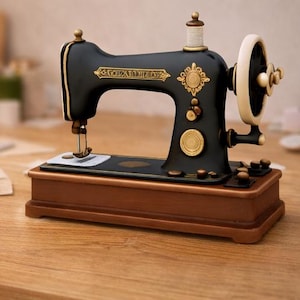 Può includere: Macchina da cucire in stile vintage nera e dorata, con dettagli decorativi e base in legno. Presenta una bobina e un volano bianchi, su una superficie di legno.