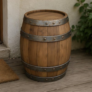 May include: A wooden barrel with metal bands and rivets. The barrel is made of vertical wooden staves and has a flat top. The metal bands are a silver color. The barrel is sitting on a wooden deck.