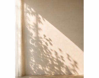 Op de afbeelding: Een beige muur met een gladde, matte textuur, verlicht door natuurlijk licht van een transparant gordijn aan de linkerkant. Het licht werpt een duidelijke, donkere schaduw van bladerrijke takken op de muur en vloer, wat een contrastrijk patroon creëert.