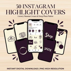 May include: A collection of 50 Instagram highlight covers featuring a banana cream and deep plum color palette. The image displays multiple smartphone screens showcasing various icons, text labels like Shop and Social, and graphic designs.