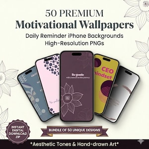 Può includere: Una collezione digitale di 50 sfondi motivazionali premium per iPhone in formato PNG ad alta risoluzione. L'immagine mostra cinque smartphone che presentano vari design con motivi floreali, schemi geometrici e del testo.