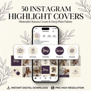 Può includere: Un set digitale di 50 copertine per le storie in evidenza di Instagram con una palette di colori crema banana e prugna scuro. Il display mostra lo schermo di uno smartphone con un'interfaccia profilo e icone circolari etichettate come About, Connect, Portfolio, Products e Contact.