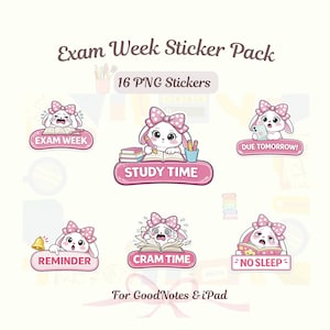 Peut inclure: Un pack d'autocollants avec 16 autocollants PNG représentant un mignon lapin avec un nœud rose. Les autocollants comportent des textes tels que "Exam Week", "Study Time" et "Due Tomorrow!". Les autocollants sont conçus pour GoodNotes et iPad.