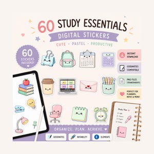 May include: A digital sticker set titled 60 Study Essentials featuring pastel-colored illustrations of school supplies like a backpack, calculator, calendar, and stationery. The set includes 60 individual stickers for digital planners and note-taking apps.