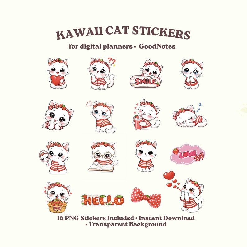 Kawaii Cat Stickers PNG | Cute Cat Digital Stickers | Goodnotes iPad ...