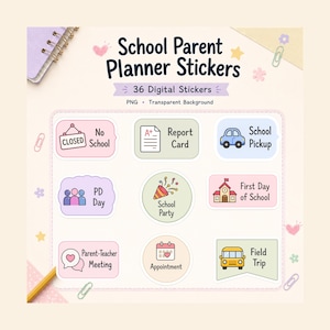 May include: A set of 36 digital planner stickers titled School Parent Planner Stickers. The stickers feature pastel-coloured icons and text for school events, including No School, Report Card, School Pickup, PD Day, School Party, First Day of School, Parent-Teacher Meeting, Appointment, and Field Trip.