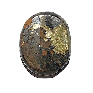 Könnte beinhalten: Ovaler, dunkel gefärbter Stein mit metallischem Glanz und Goldblatt-Akzenten. Der Stein hat eine glatte, polierte Oberfläche mit einer Mischung aus Braun-, Grau- und Goldtönen. Das Blattgold verleiht dem Naturstein einen Hauch von Luxus und visuellem Interesse.
