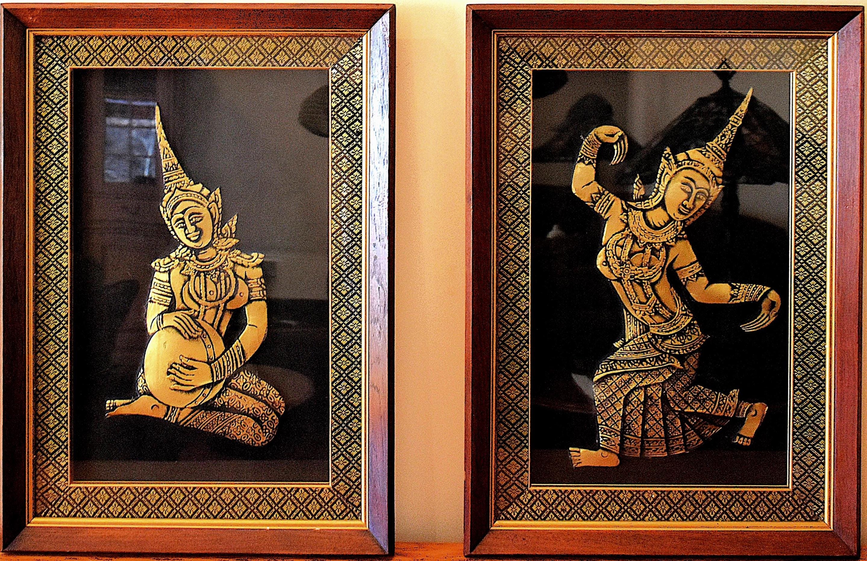 Vintage Thai Gilded Relief Dancer Painting Set of 2, Hardwood Frames ...