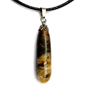 May include: A pendant necklace featuring a teardrop-shaped, amber-colored stone with dark brown and gold inclusions. The pendant is suspended from a black cord and has a silver-colored metal cap.