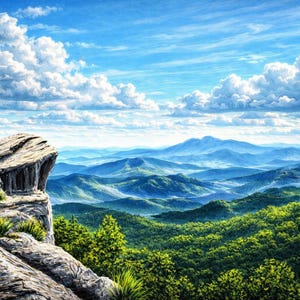 Könnte beinhalten: Ein Landschaftsgemälde, das eine Bergkette unter blauem Himmel mit weißen Wolken zeigt. Im Vordergrund befindet sich eine felsige Klippe mit grünen Bäumen und Laub im Tal darunter.