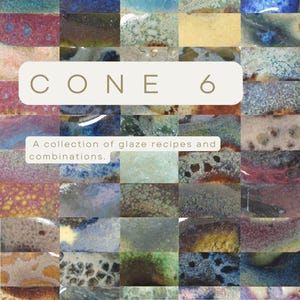 Puede incluir: Una portada de libro titulada "CONE 6" que presenta una colección de recetas y combinaciones de esmaltes. La portada muestra una cuadrícula de muestras de esmalte cerámico en varios colores, incluyendo azules, verdes y marrones. El nombre del autor, Blaire Engel, también es visible.