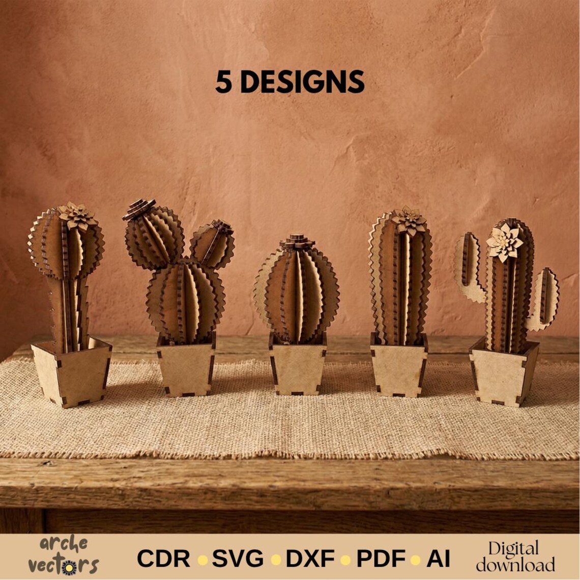 3D Potted Cactus Laser Cut File Bundle, Succulent Plant Template ...