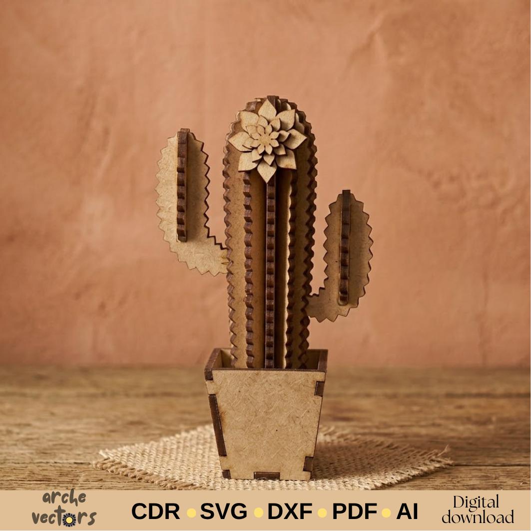 3D Potted Cactus Laser Cut File Bundle, Succulent Plant Template ...