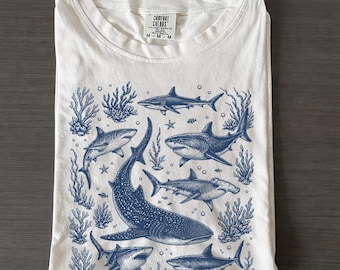 90s Ocean Sharks T-Shirt, Vintage Shark Graphic Tee, Great White Hammerhead Whale Shark Shirt, Unisex Marine Wildlife Tee Gift