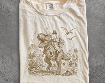 Vintage Jesus Reitdinosaurier PNG, lustiger christlicher Retro digitaler Download, T-Rex Jesus Sublimationsdesign, Meme PNG-Datei