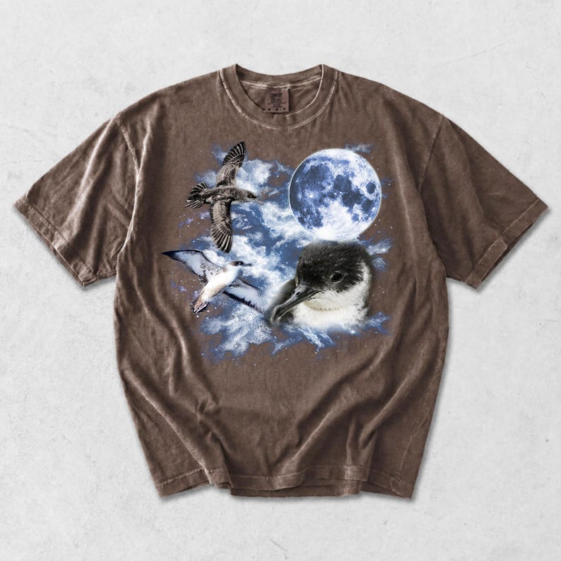 May include: Brown t-shirt with a graphic of a full moon, birds, and a bird's head. The design includes a blue moon, white clouds, and detailed illustrations of birds in flight. The shirt has a vintage, worn appearance.