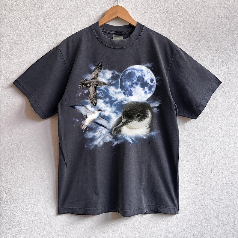 May include: Dark grey t-shirt with a graphic of seabirds, a full moon, and clouds. The design includes a close-up of a bird's head and two birds in flight. The shirt is hanging on a wooden hanger.