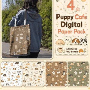 Könnte beinhalten: Eine Person trägt eine braune Tragetasche mit einem sich wiederholenden Muster aus Welpen, Kaffeetassen und Büchern. Das Bild zeigt auch ein digitales Papierpaket mit dem Text "Puppy Cafe Digital Paper Pack" und vier verschiedenen nahtlosen Mustern.