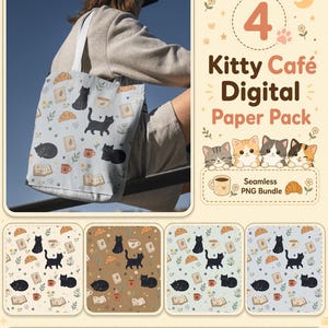 Könnte beinhalten: Eine hellblaue Tragetasche mit einem Muster aus schwarzen Katzen, Croissants, Kaffeetassen und Büchern. Das Bild zeigt auch ein digitales Papierpaket mit dem Text "Kitty Café Digital Paper Pack" und vier nahtlosen Mustern.