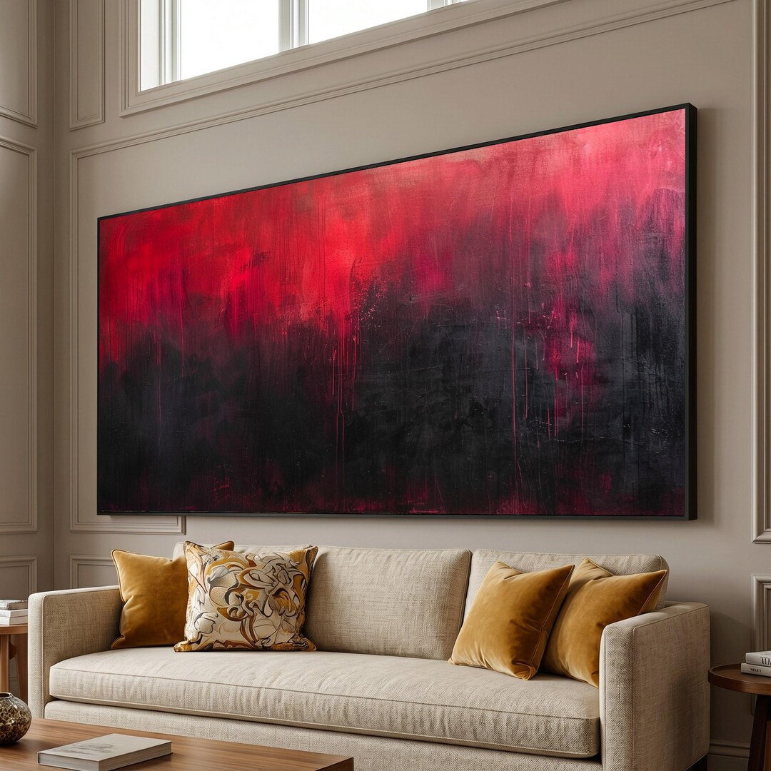 Moody Red and Black Abstract Canvas Wall Art, Modern Dramatic Gradient ...
