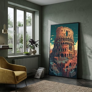 Antike römische Kolosseum Illustration, Architektur Leinwand Wandkunst, Historisches Wahrzeichen Dekor, Vintage Städtische Szene, Sonnenuntergang Stadtbild Leinwand