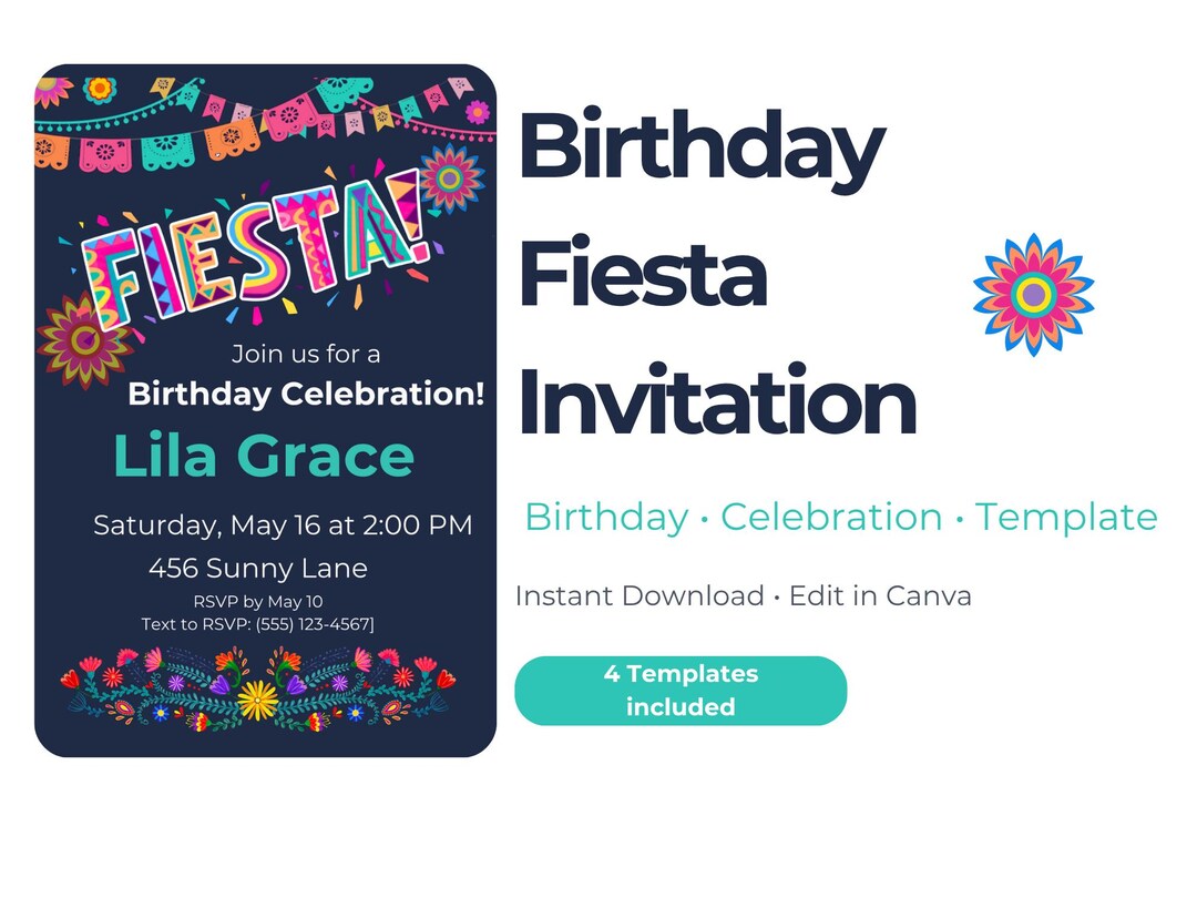 Fiesta Birthday Invitation Template, Editable Celebration Canva ...