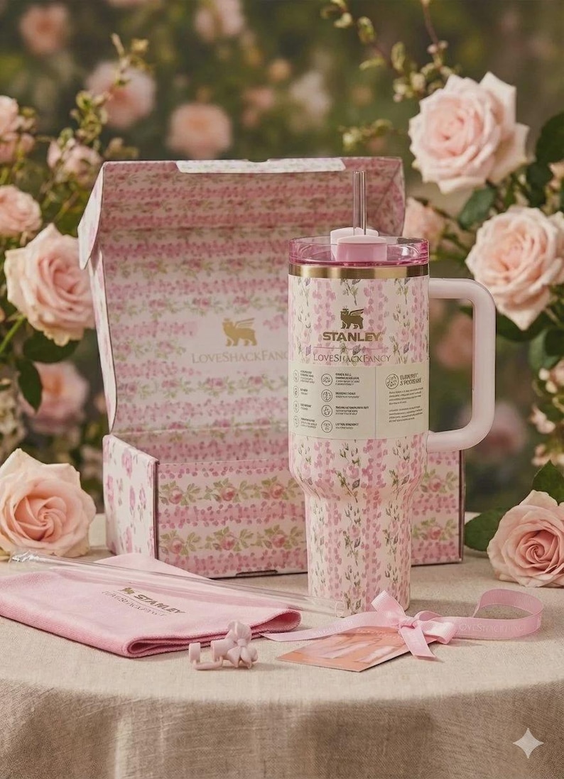 May include: A Stanley tumbler with a pink floral pattern, a matching box, a pink cloth pouch, and a small bow accessory. The tumbler features a handle, a clear lid with a straw, and the text Stanley and LoveShackFancy printed on the front label.