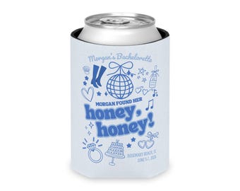 Enfriador de latas personalizado para despedida de soltera, tema disco "Mia Found Her Honey Honey", funda azul para bebidas con nombre personalizado, recuerdo retro para la fiesta nupcial.