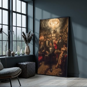 Lienzo con retrato grupal al estilo de la mafia vintage, arte mural retro estilo speakeasy, escena de gánsteres de la vieja escuela, decoración elegante para ocasiones formales, iluminación dramática.