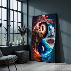 Puede incluir: Una impresión artística enmarcada que representa el símbolo del Yin y Yang. La obra de arte presenta un paisaje celestial y natural con un equilibrio de colores cálidos y fríos. La impresión se exhibe en un interior moderno con una ventana y una decoración de tonos neutros.