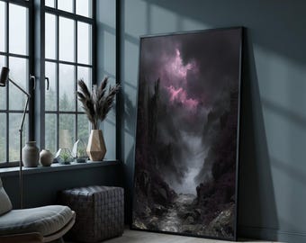 Mystical Dark Valley, Foggy Mountain Landscape Canvas, Purple Sky Clouds Wall Art, Moody Nature Scene, Atmospheric Home Decor