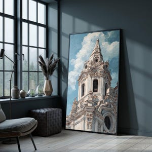 Sierlijk canvas met barokke architectuur, kunst aan de muur historische kerktoren, elegant Europees gebouw, canvas blauwe lucht, klassiek ontwerp