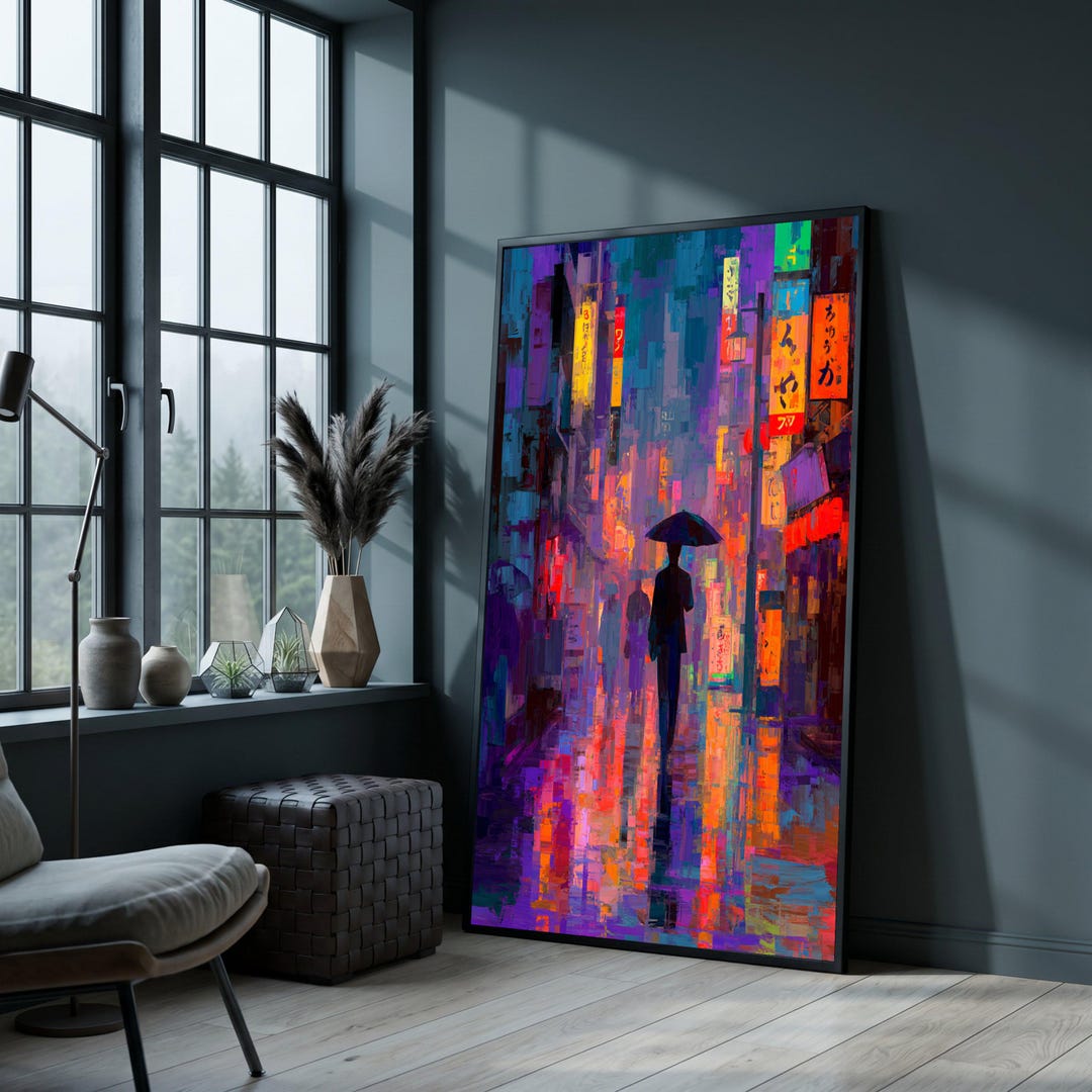 Urban Night Rain Scene Canvas, Neon City Street Art, Umbrella ...