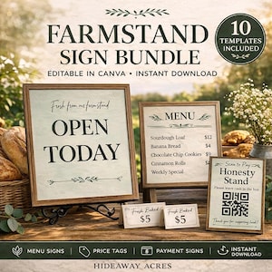 Pode incluir: Pacote de sinais de fazenda com 10 modelos. Inclui menus, etiquetas de preços e sinais de pagamento. O sinal principal diz "Open Today" com "Fresh from our farmstand" acima. Outros sinais listam itens de menu e preços.