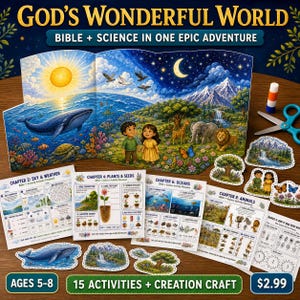 Könnte beinhalten: Ein God's Wonderful World Lernset mit einem dreiteiligen Hintergrundbild mit Wal, Schildkröte und Tieren sowie Aktivitätsunterlagen zu Himmel, Pflanzen und Ozeanen. Enthält Aufkleber, eine Schere und einen Klebestift.
