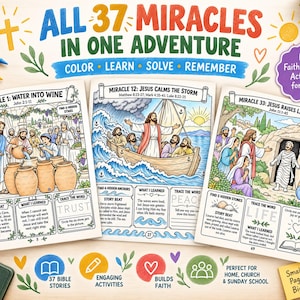 May include: A religious activity book titled All 37 Miracles In One Adventure featuring colourable illustrations of biblical scenes including Water Into Wine, Jesus Calms The Storm, and Jesus Raises Lazarus with text, prompts, and activities for children.