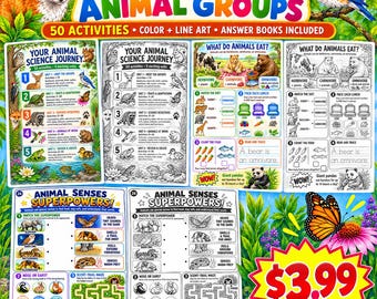 Animal Science Worksheets for Kids | 50 Animal Classification Activities | Kindergarten Science Printable | K–2nd Grade Science | Color, B&W