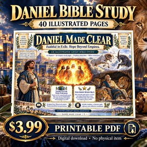 May include: A Daniel Bible Study digital guide featuring 40 illustrated pages titled Daniel Made Clear: Faithful in Exile. Hope Beyond Empires. The cover displays biblical scenes including figures in fire, lions, and a man with a scroll.