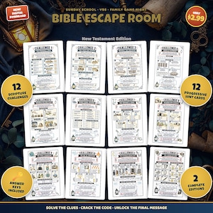 Könnte beinhalten: Ein Bibel-Escape-Room-Spielset, Ausgabe Neues Testament, bestehend aus zwölf druckbaren Herausforderungsblättern mit bibelbasierten Rätseln, Hinweisen und Aktivitäten. Die Seiten enthalten die Herausforderungen 1 bis 12, jeweils mit einzigartigen Aufgaben, Illustrationen und Anleitungen.