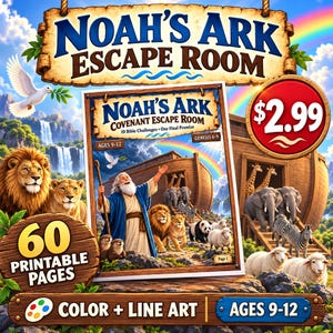 May include: A printable Noah's Ark escape room game set featuring 60 pages of color and line art for ages 9-12. The cover displays a bearded figure, various animals, a wooden ark, a rainbow, and the text Noah's Ark Covenant Escape Room.