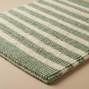 Handwoven Sage Green Striped Wool Rug | Scandinavian Minimalist Area Rug | Modern Chunky Loop Carpet