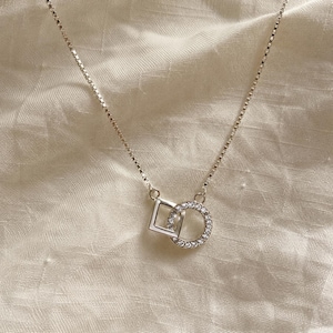 Sterling Silver Interlocking Geometric Necklace: Dainty CZ Circle Square Collarbone Chain