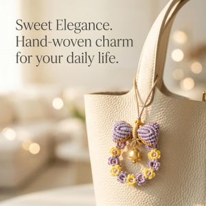 Purple Yellow Macrame Floral Wreath Charm: Gold Bell Pendant