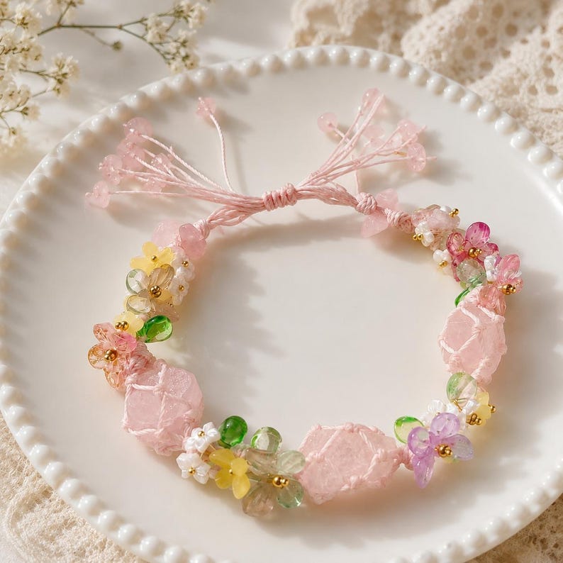 May include: A delicate pink bracelet featuring a floral design. The bracelet is adorned with pink, yellow, green, and white flower-shaped beads, and large pink crystal-like stones. The bracelet is set on a pink cord.